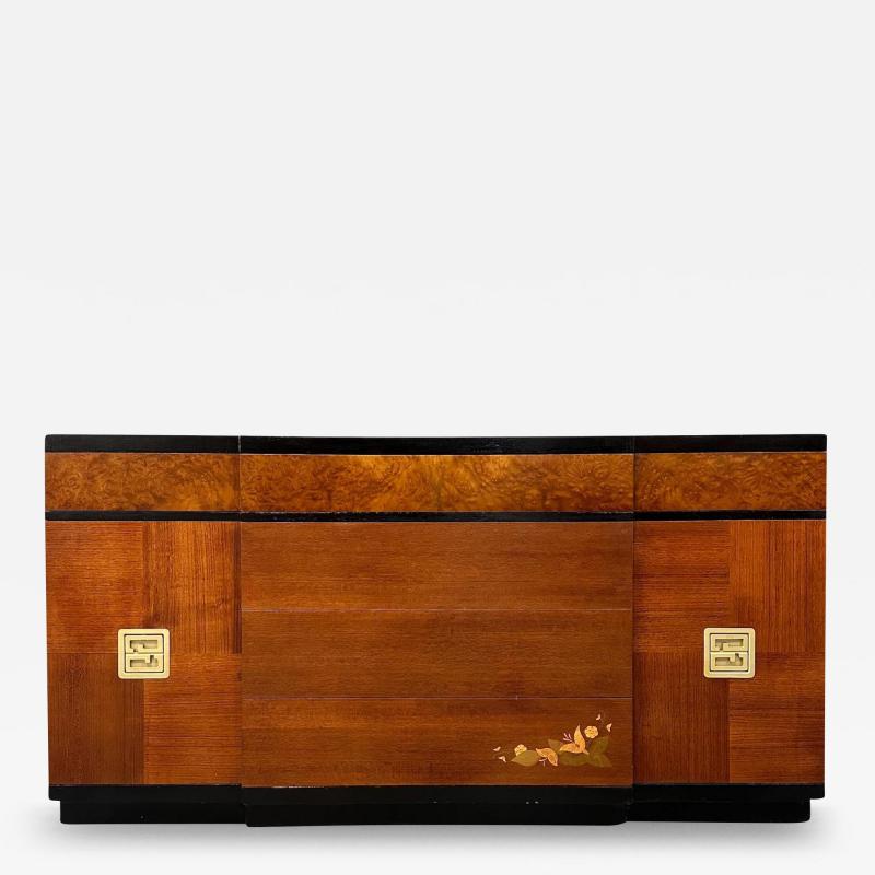 Vanleigh Furniture 1940s Art Deco Vanleigh Walnut Server with Inlaid Flowers and Burl Accents