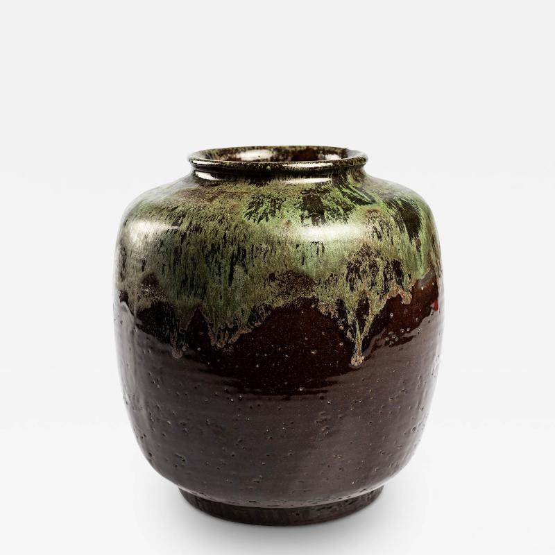 Vase in Gloss Brown and Silvery Green Glazing by Gefle Studio