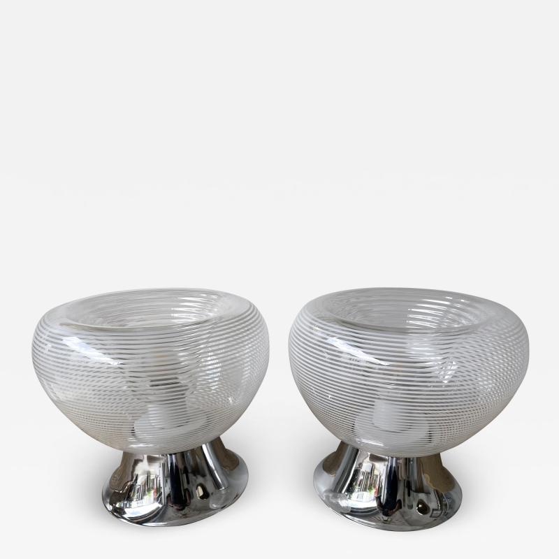 VeArt Pair of Stripe Murano Glass and Metal Chrome Lamps by VeArt Italy 1970s