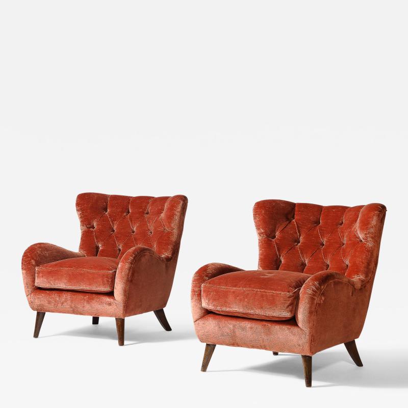 Velvet and Elm Tufted Armchairs Italy c 1950