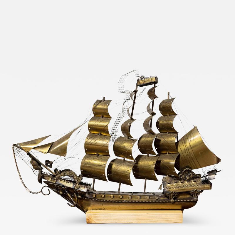 Venetian Brass Four Masted Model Ship with Detailed D cor Mounted on Base