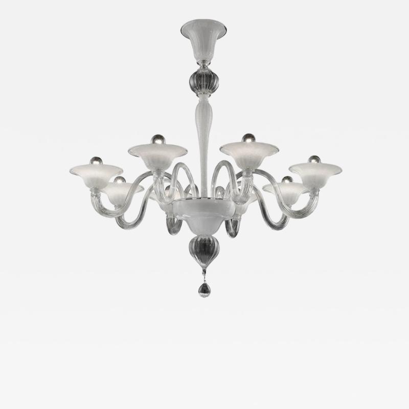 Venetian Murano Glass Chandelier in Transparent and White Tones With Silver Leaf