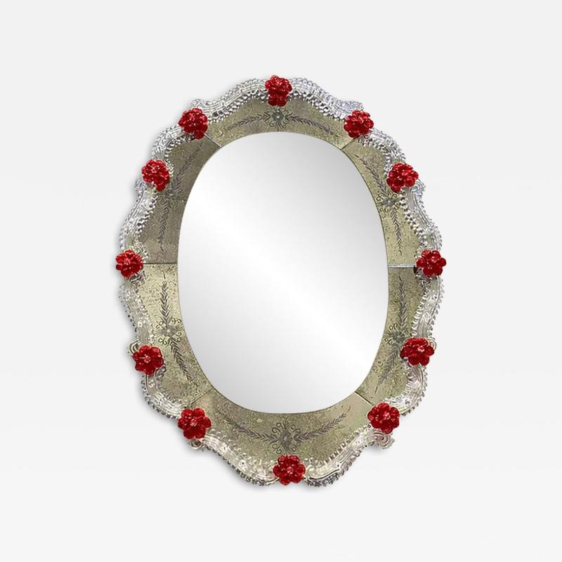 Venetian Murano Glass Oval Floral Wall Mirror Hand Carved Italian Art