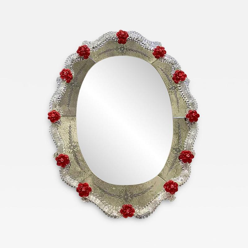 Venetian Murano Glass Oval Red Floral Wall Mirror Hand Carved Italian Art