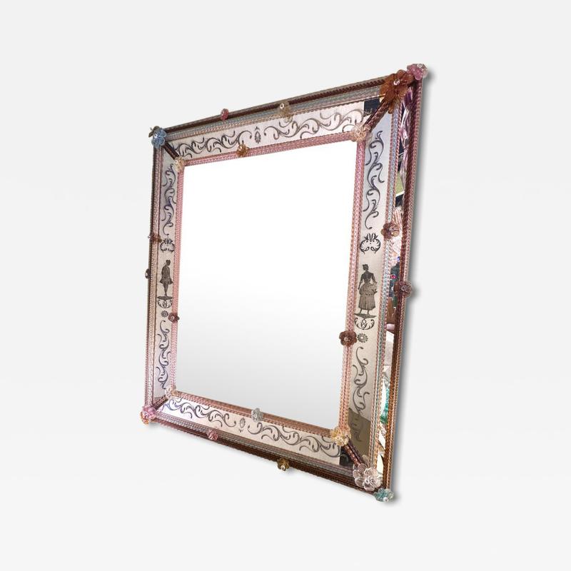 Venetian Nobles Figures With Flowers Hand Carving Mirror Murano Glass