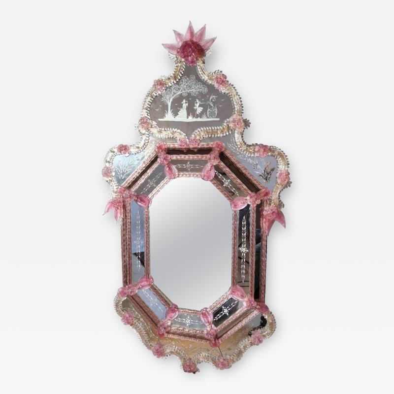 Venetian Pink Flower Murano Glass Mirror