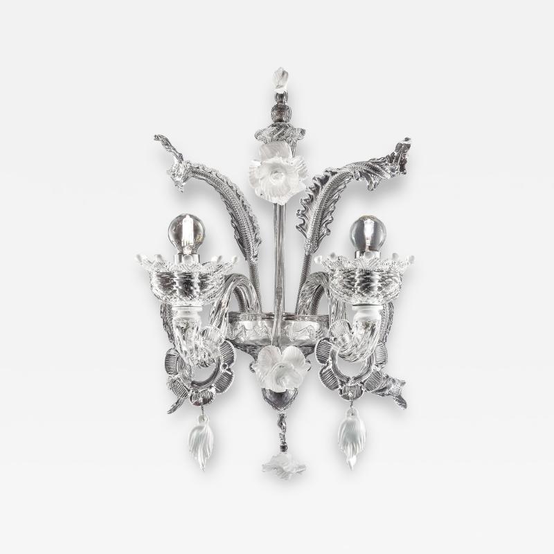 Venetian Romantic Floral Transparent and White Murano Glass Wall Sconce