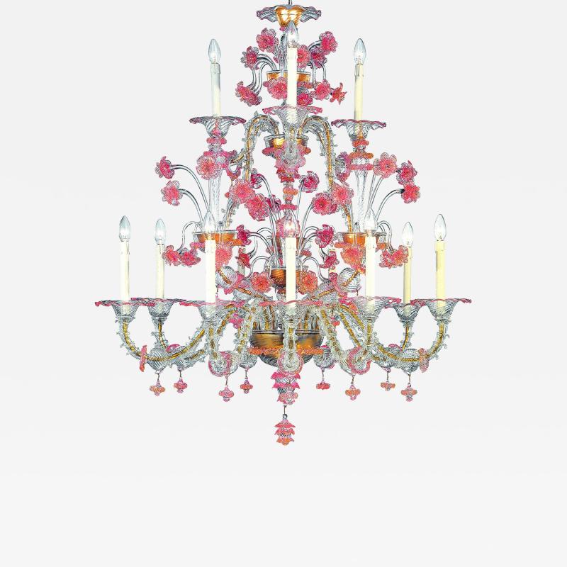 Venetian Romantic Transparent and Pink Floreal C Rezzonico Chandelier
