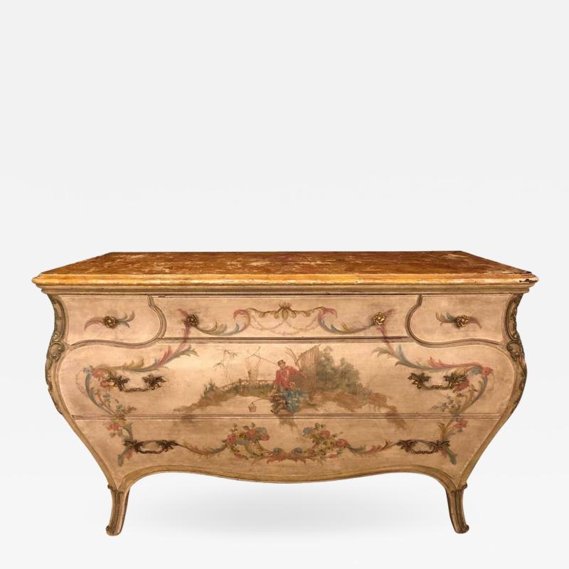 Venetian Scenic Bombe Chinoiserie Painted Commode with a Faux Marble Top