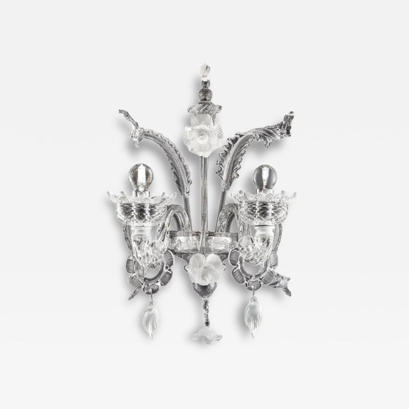 Venetian White and Transparent Floral Murano Glass Wall Sconce