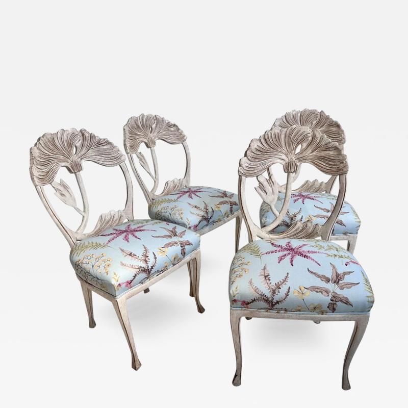Vermillion of Los Angeles Set of 4 Art Nouveau Flower Back Dining Chairs W Scalamandre Coral Seats