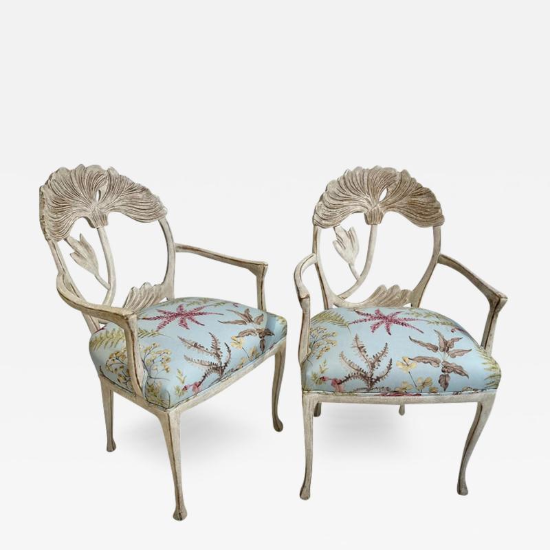 Vermillion of Los Angeles Vermillion Art Nouveau Flower Back Arm Chairs W Scalamandre Coral Seats a Pair