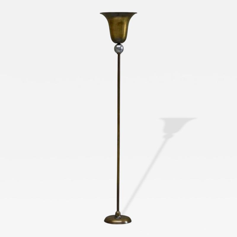 Very Elegant Art Deco Floor Lamp in Patinated Brass and Nickel Plated Brass 1930