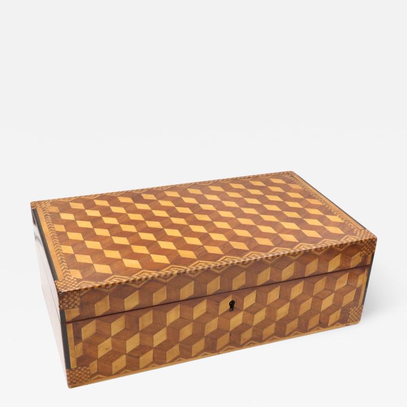 Very Large Marquetry Box with Impressive Tumbling Block inlay