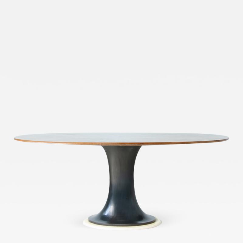 Very elegant oval table with turned base in petrol blue lacquered wood