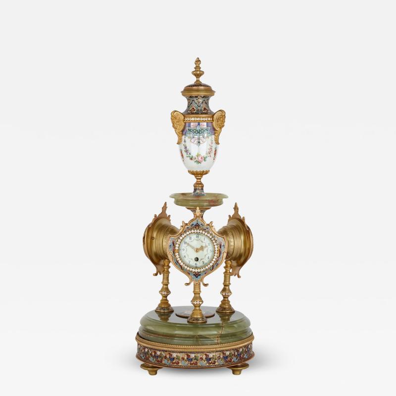 Very fine and rare green onyx porcelain cloisonn enamel ormolu mantel clock