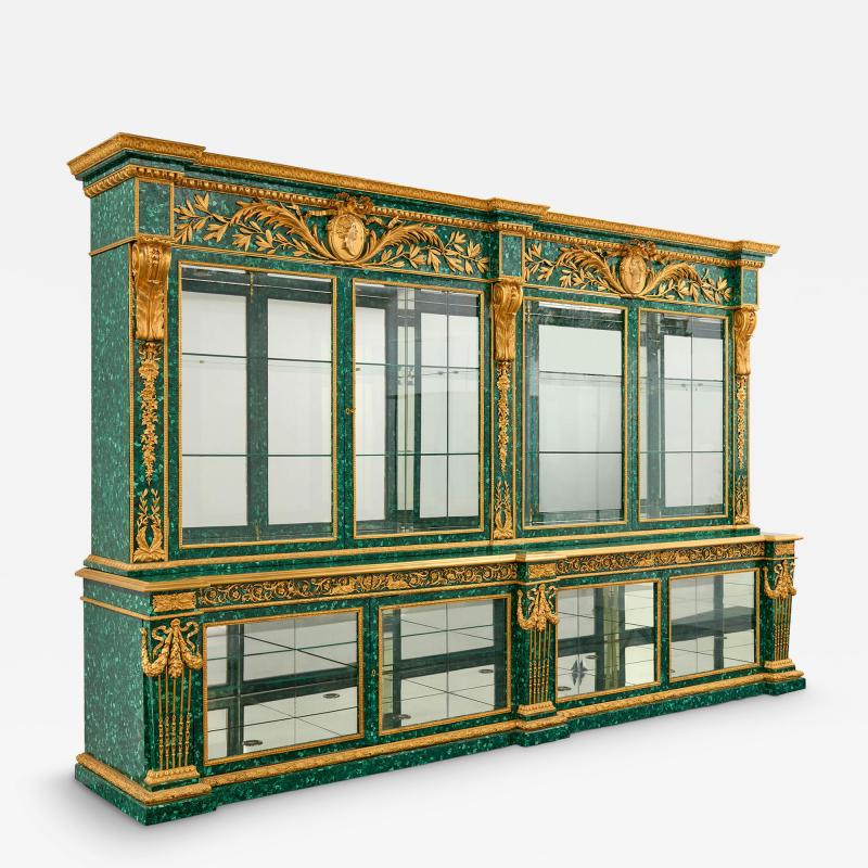Very large ormolu and glass mounted malachite display cabinet