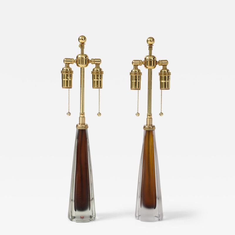 Vicke Lindstrand Beautiful Pair of Cognac Colored Glass Lamps by Vicki Linstrand for Kosta Boda 