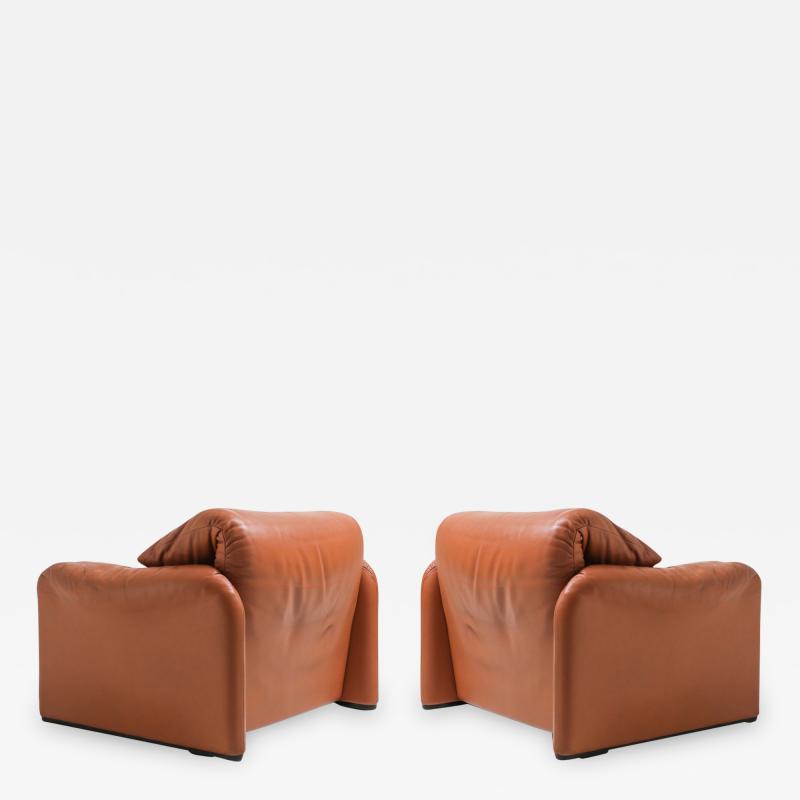 Vico Magistretti Maralunga Cognac Leather Club Chairs by Vico Magistretti for Cassina 1974