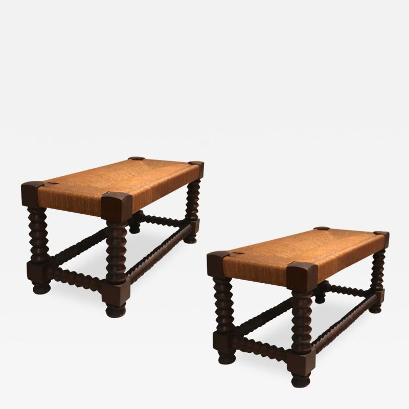 Victor Courtray Victor Courtray organic rare pair of rush and oak benches