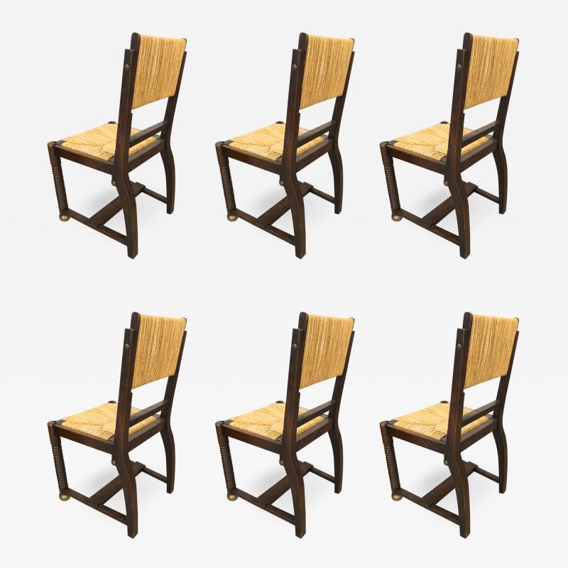 Victor Courtray Victor Courtray set of 6 brutalist oak and rush dinning chairs