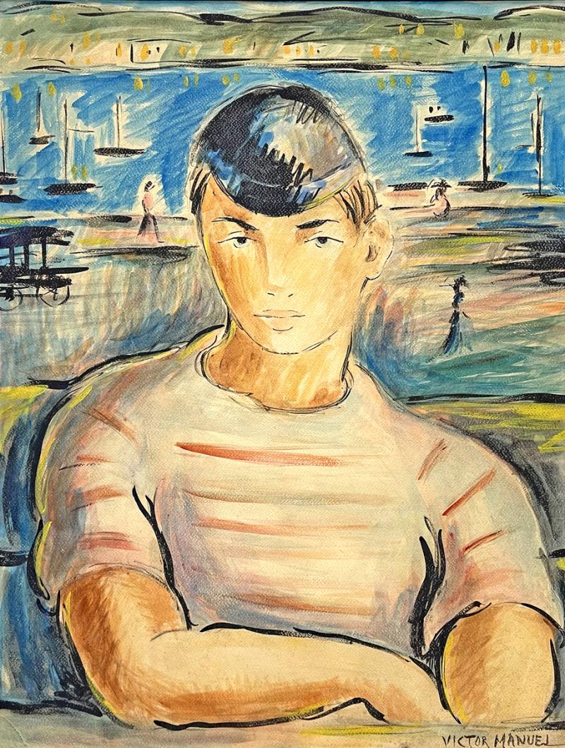 Victor Manuel Villarreal Young Man in Striped Shirt by Victor Manuel Cuba Gouache watercolor