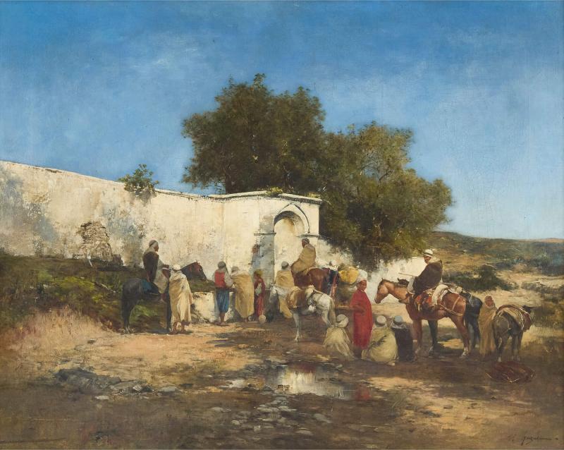 Victor Pierre Huguet Large Orientalist painting of an Arab caravan at a desert well by Huguet