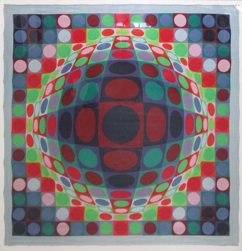 Victor Vasarely Signed Victor Vasarely 1969 Op Art Silk Scarf Screen Print