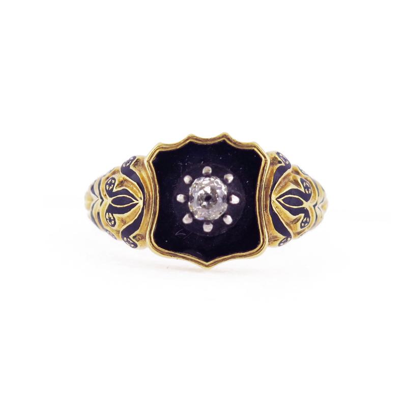 Victorian Black Enamel and Diamond Shield Ring