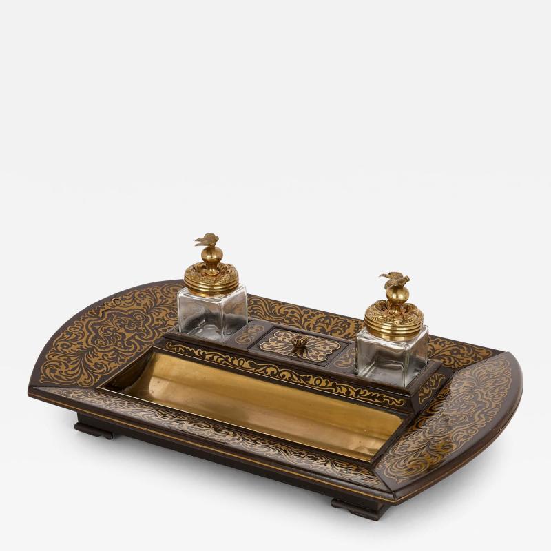 Victorian Brass Inlaid Ebonised Wood Boulle Inkstand