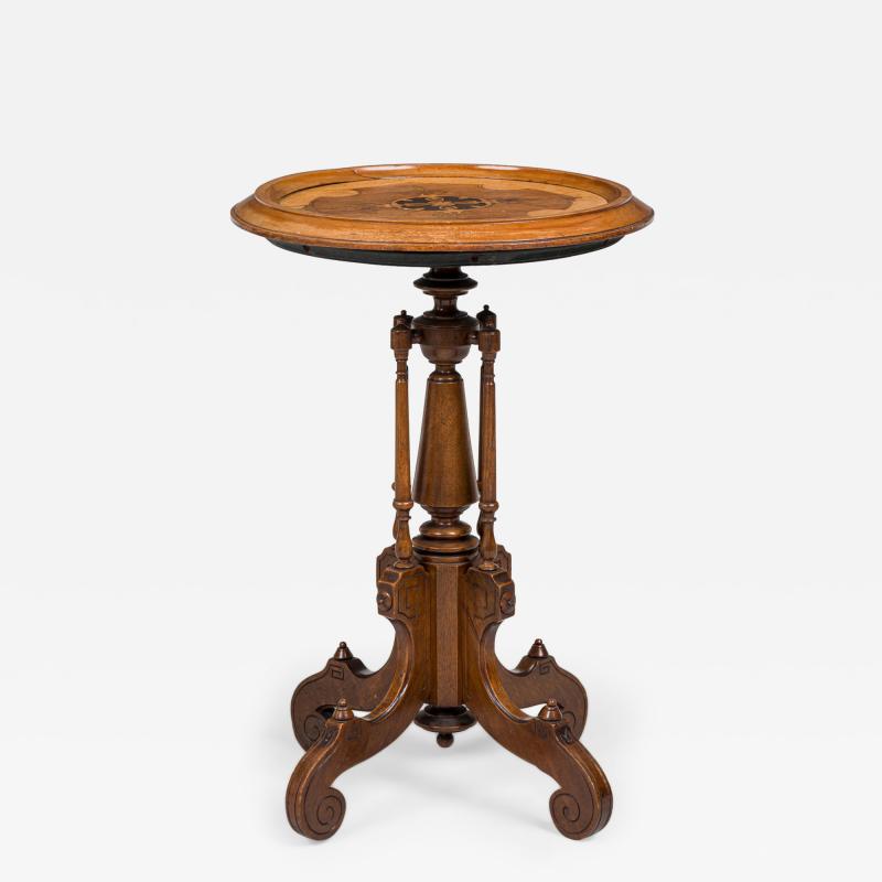 Victorian Circular Carved Wood Plant Stand Side Table with Inlaid Parquetry