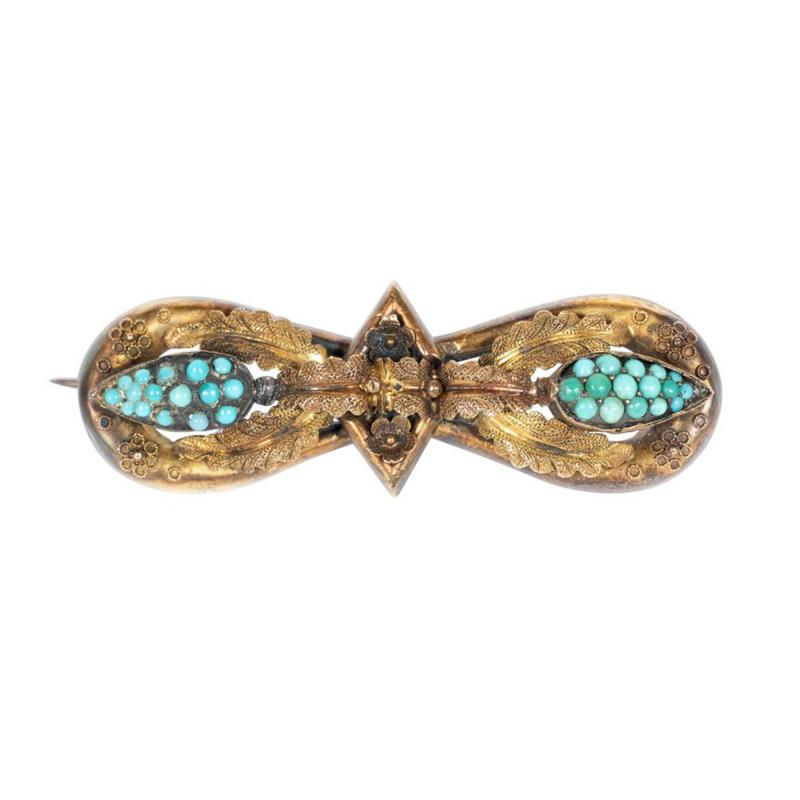 Victorian Hourglass Form 14 Karat Gold Filigreed Brooch with Inlaid Turquoise