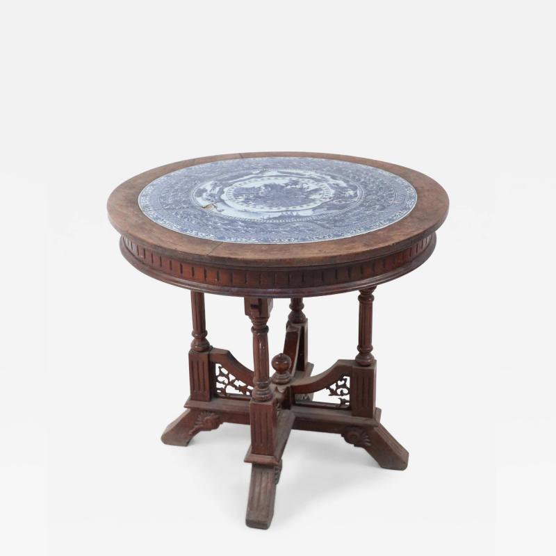 Victorian Oak and Chinese Porcelain Inlay Center Table