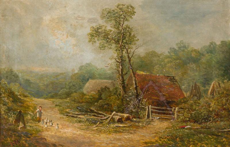 Victorian Oil Painting of Figures by Red Roofed House