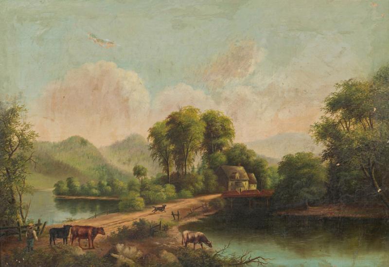 Victorian Oil Painting of Man with Cows Dog