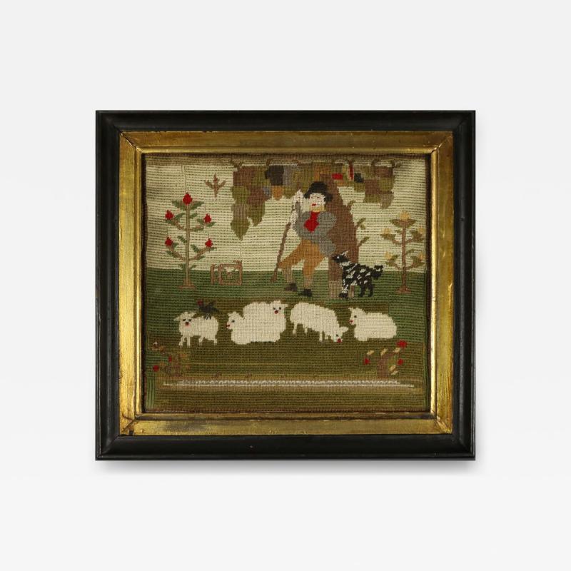 Victorian Petit Point Embroidery of a Shepherd with Sheep