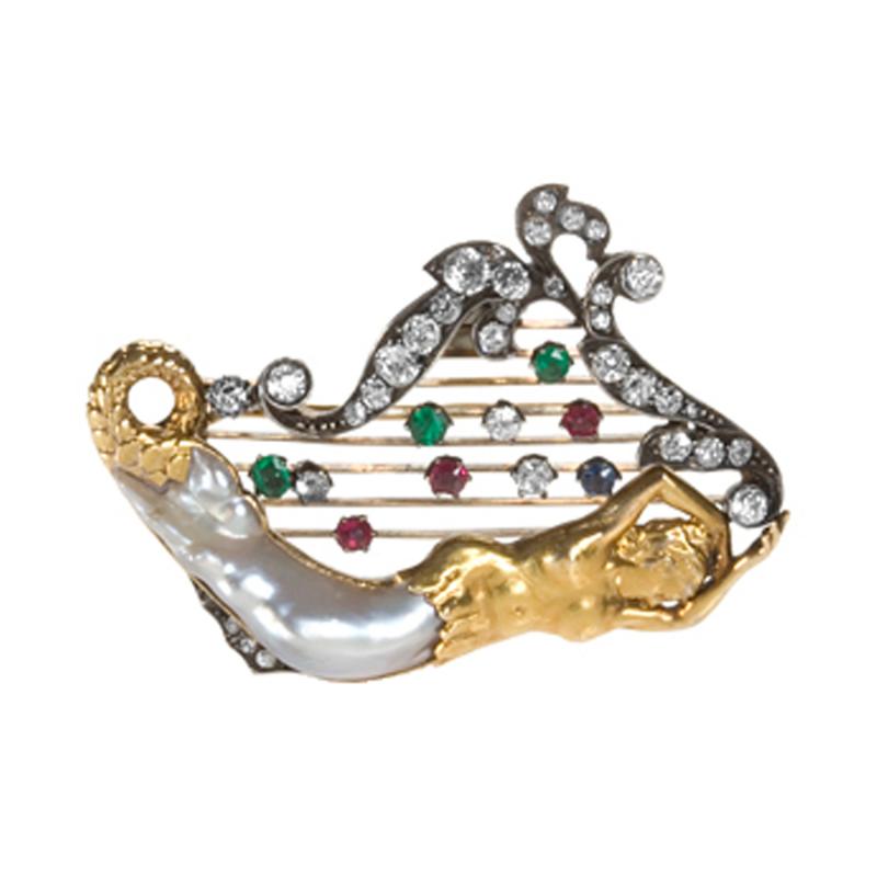 Victorian Silver Topped Gold Diamond Emerald Ruby and Baroque Pearl Brooch