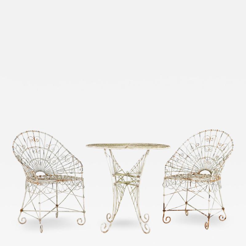 Victorian Style White Wirework Pair of Chairs and Cafe Table France 1960