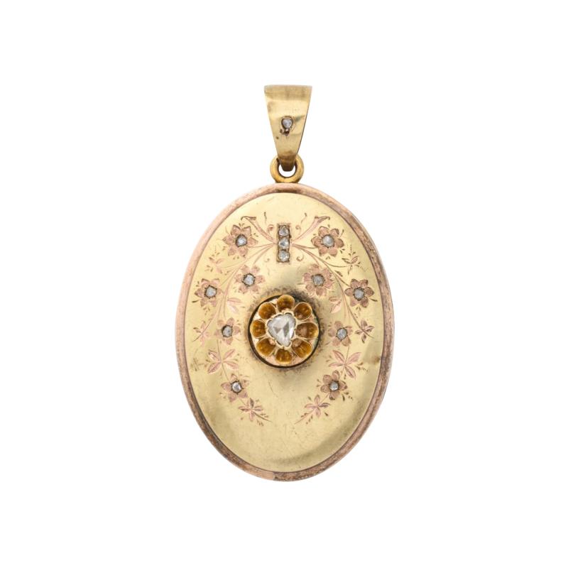 Victorian Two Color Gold Locket with Rose Diamonds and Floral Engraving