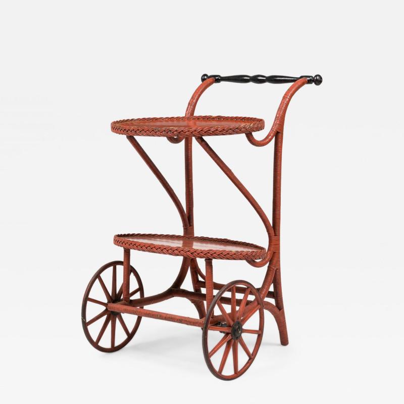 Victorian Wicker and Rouge Painted Rolling Tea Bar Cart