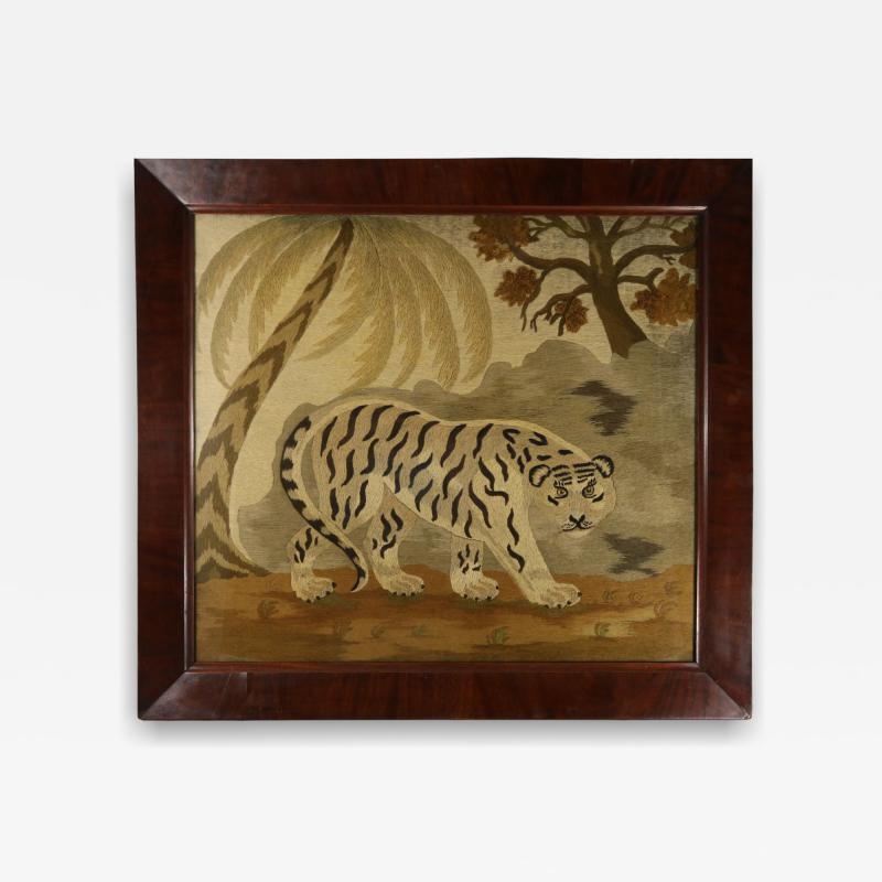 Victorian Woolwork Embroidered Picture of a Tiger