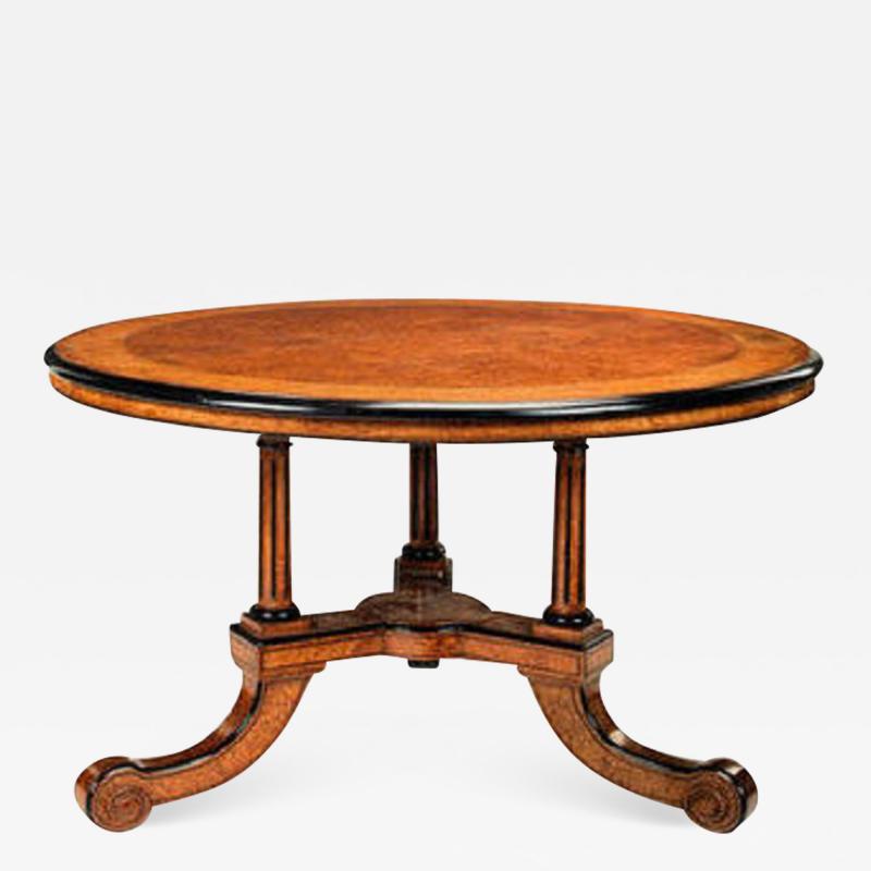 Victorian amboyna burr walnut ebonised harewood and purplewood centre table