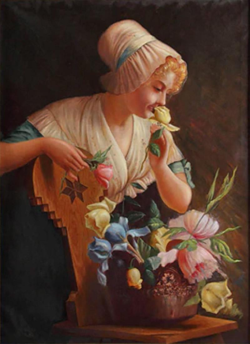 Vincenzo Maria Coronelli ANTIQUE ITALIAN OIL ON CANVAS DEPICTING A LADY WITH FLOWERS BY CORONELLI