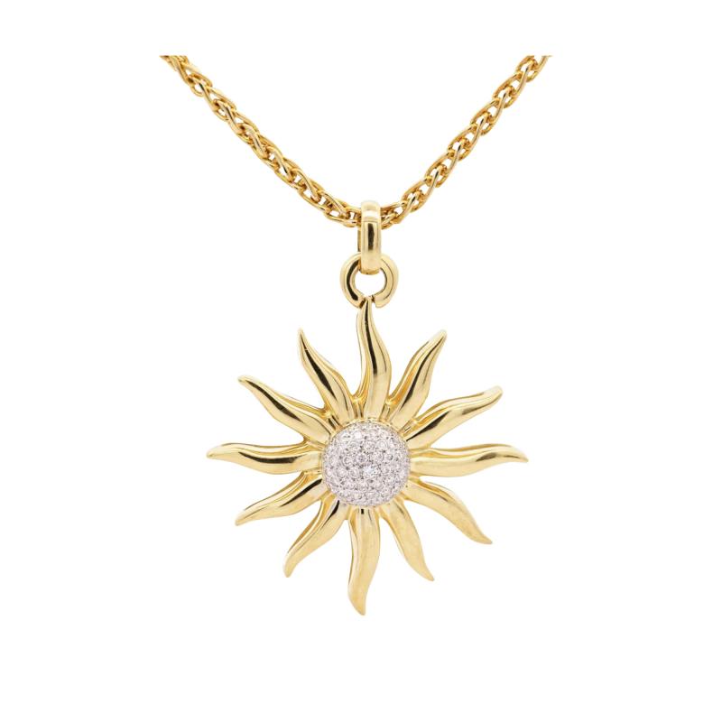 Vintage 0 85 Carat Sun Motif Diamond Pendant Necklace Crafted in 18k Yellow Gold