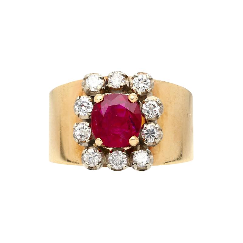 Vintage 1 54 Carat Cushion Cut Ruby in 14K Yellow Gold Wide Band