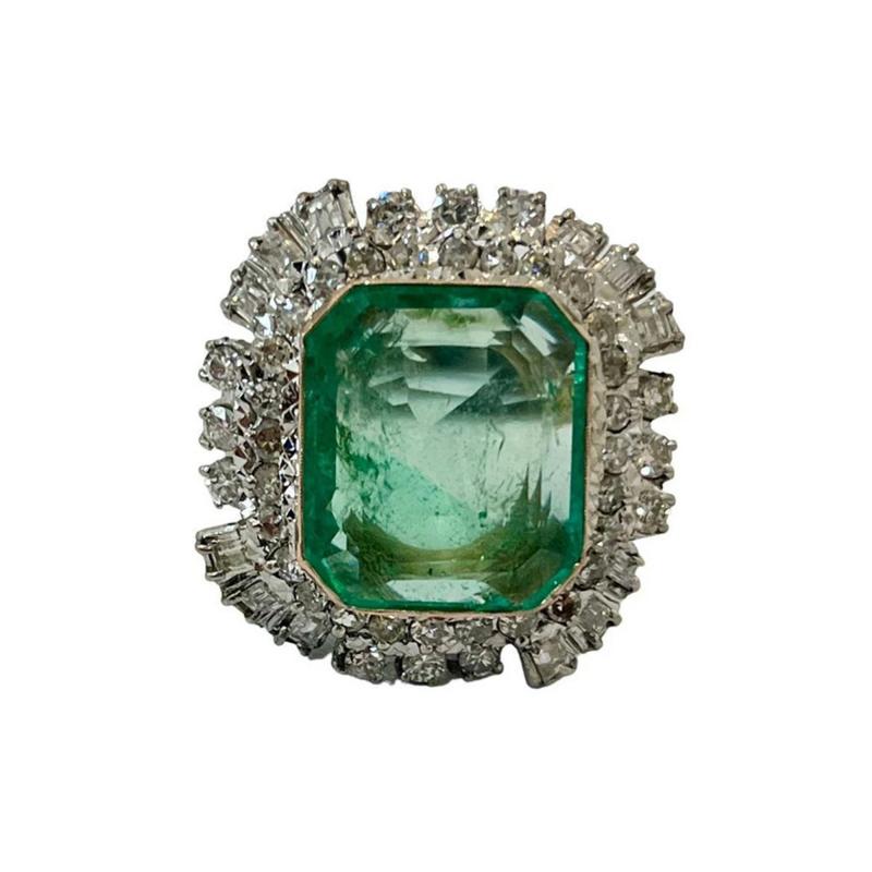 Vintage 12 Carat Colombian Emerald and Diamond Halo Ring Set in Palladium