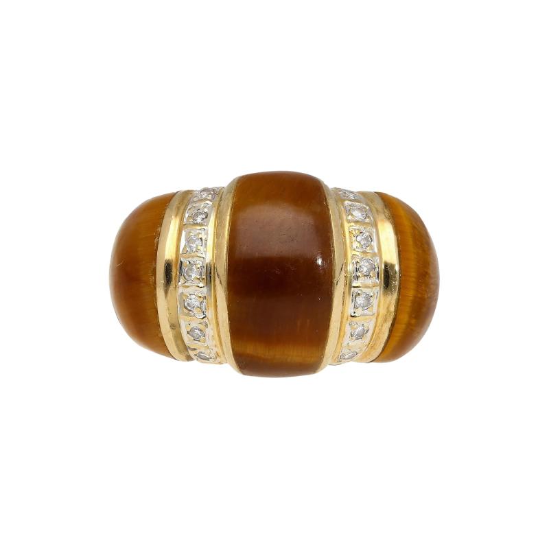 Vintage 14K Yellow Gold Tigers Eye Diamond Dome Ring