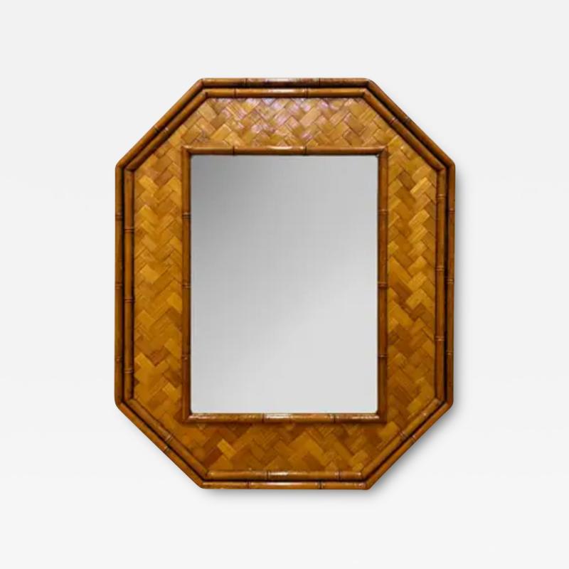 Vintage 1980s Faux Bamboo Octagonal Mirror in Cane Basket weave