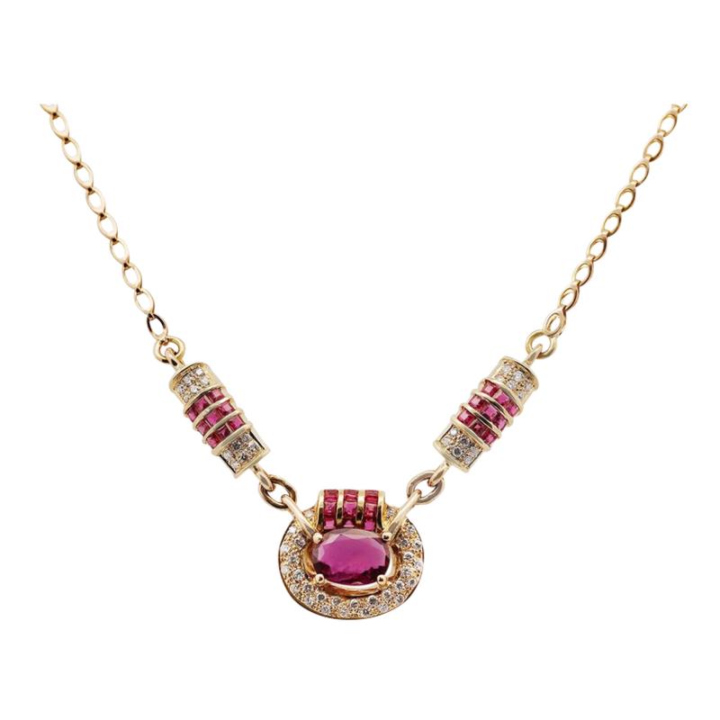 Vintage 2 70 Carat Oval Cut Ruby Diamond 14K Gold Retro Pendant Necklace