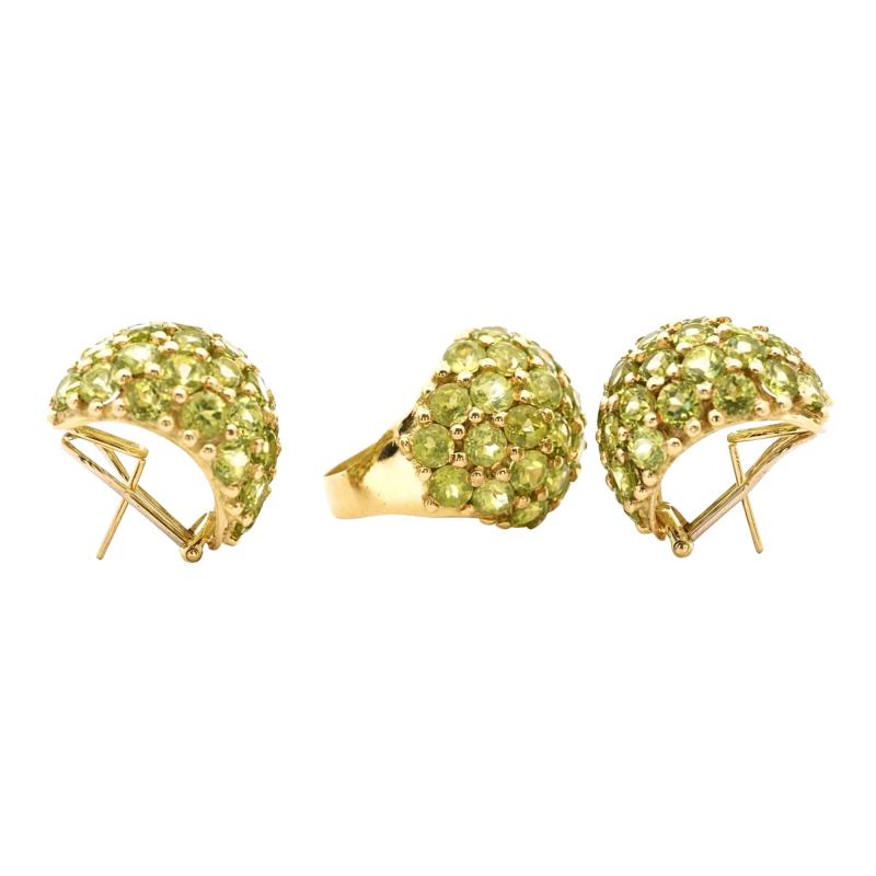 Vintage 25 Carat Peridot Ring Earring 18K Yellow Gold Jewelry Set